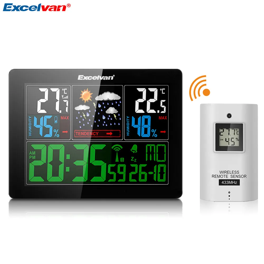 EXCELVAN COLOR Wireless Weather Station With Forecast Temperature Humidity EU Plug Alarm and Snooze Thermometer Hygrometer Clock4