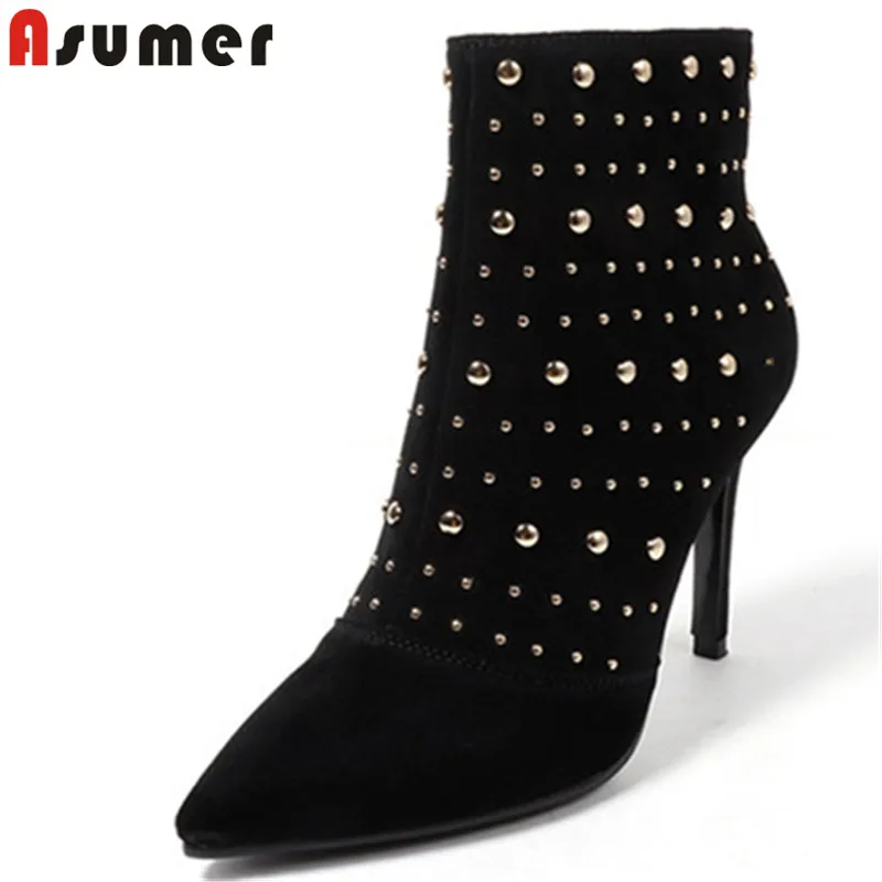 

ASUMER big size 33-43 fashion autumn shoes woman pointed toe zip ankle boots women bling prom ladies high heels boots black
