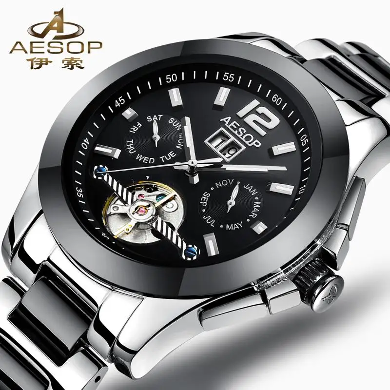 

AESOP Watch Men Tourbillon Automatic Machine Watches Ceramic Bracelet Transparent Back Cover Waterproof Relogio Masculine 9936G