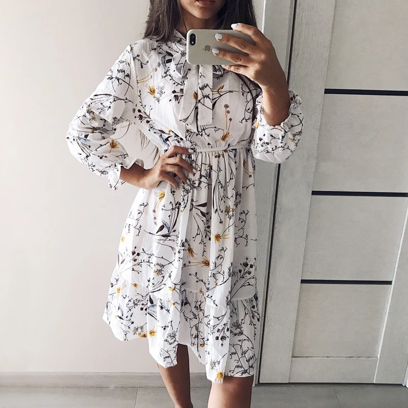 

Toppick 2019 Summer Autumn Chiffon Print Dress Casual Cute Women Dress Floral Long Bowknot Dresses Long Sleeve Vestido Plus Size