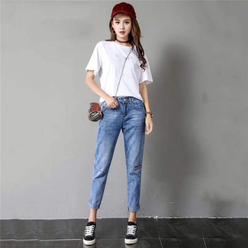 Mom Jeans Light Blue Cargo Pants 2019 New Spring Summer Korean Loose Ankle-length Jeans High Waist Straight Women Jeans JD22
