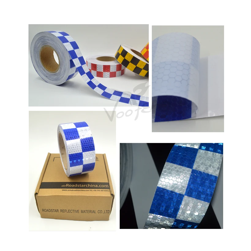 Roadstar 5Cm X 10M Glanzend Blauw Wit Kleur Vierkant Zelfklevend Reflecterend Waarschuwingstape Voor Auto En Motorfiets