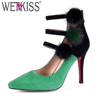 

WETKISS High Heels Red Women Pumps Pointed Toe Fur Footwear Ankle Strap Spring Party Ladies Green Shoes Suede Shoes Woman 2019