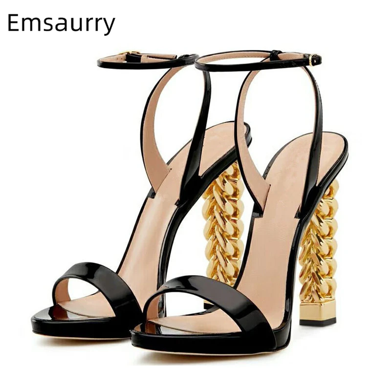 

Unique Gold Metal Knitted High Heel Sandals Women One-strap Open Toe Patent Leather Strange Heel Summer Shoes Woman