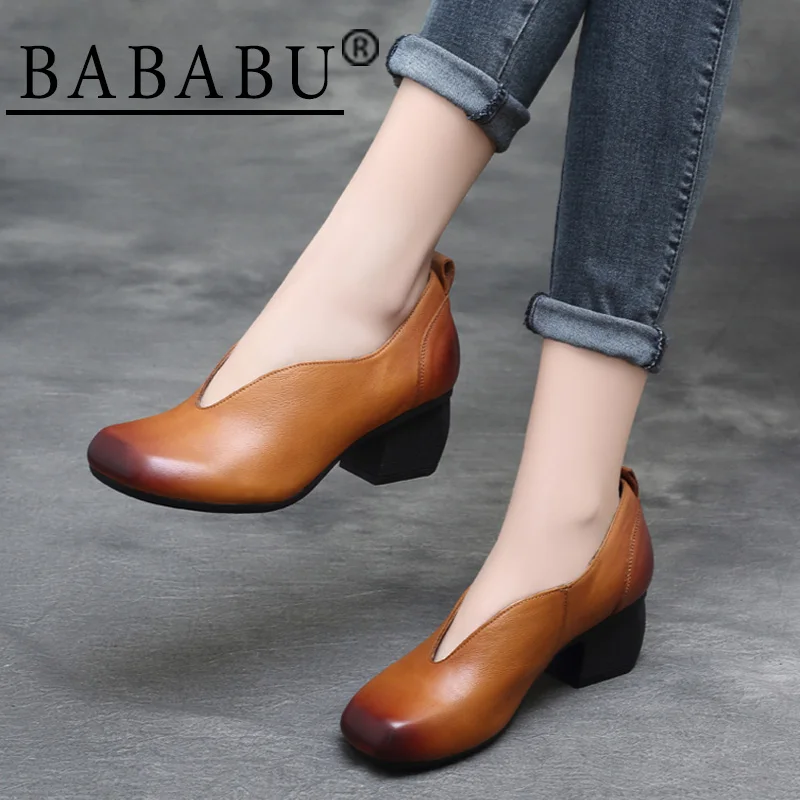 

BABABU Spring New Style Women Shallow Pumps Slip-on Square Toe High Heels Genuine Leather Retro Women Heels Shoes