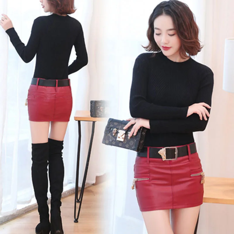 

Summer PU Leather Womens Skirts Plus Size 2XL Slim Hip Leather Skirt Sexy Mini Pencil Skirt Low Waist Red Black A192