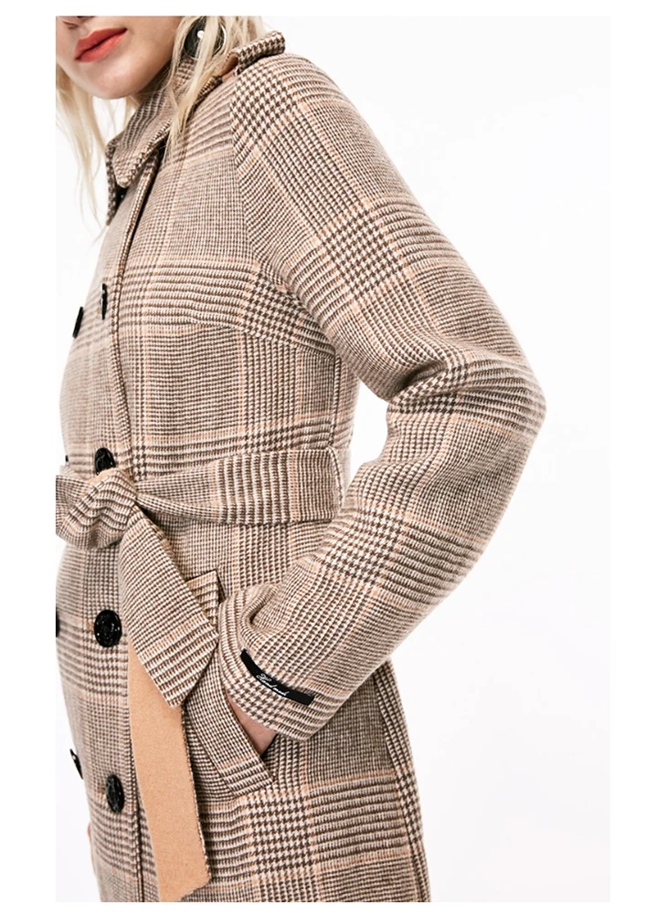 Только женское зимнее новое шерстяное двубортное шерстяное пальто двухцветное с поясом и пуговицами | 11836U502
