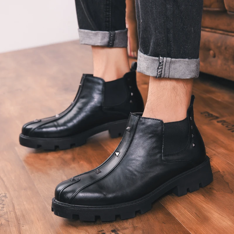 

DJSUNNYMIX Brand Size 38~44 Genuine Leather Men Motorcycle Boots Black Boots Punk Style Army Boots rivets shoes