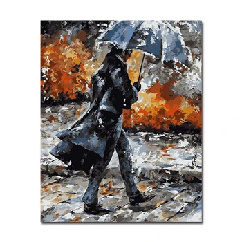 

Oil Paint Hand DIY By Numbers Picture Drawing Coloring On Canvas Man In The Rain Was Holding An Umbrella Wall Framework Artwork