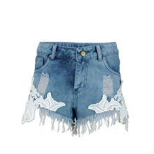 New Tassels Lace Design Middle Waist Super Shorts Denim Jeans For Female Tearing Jeans Cowboy Trousers Ripped Pants Female Sexy