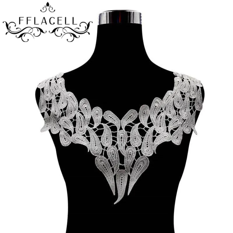 Black Lace Embellishment Sewing Applique Trims Flower Embroidered Venise Neckline Collar Patch Fabric Patches