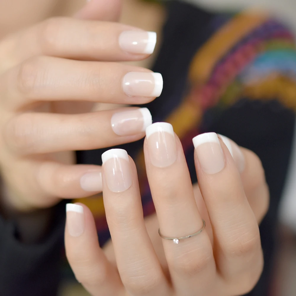 Короткие акриловые французские ногти просто блестящие Бежевые Белые накладные ногти дизайн ногтей советы повседневная одежда леди должны - Цвет: Z828
