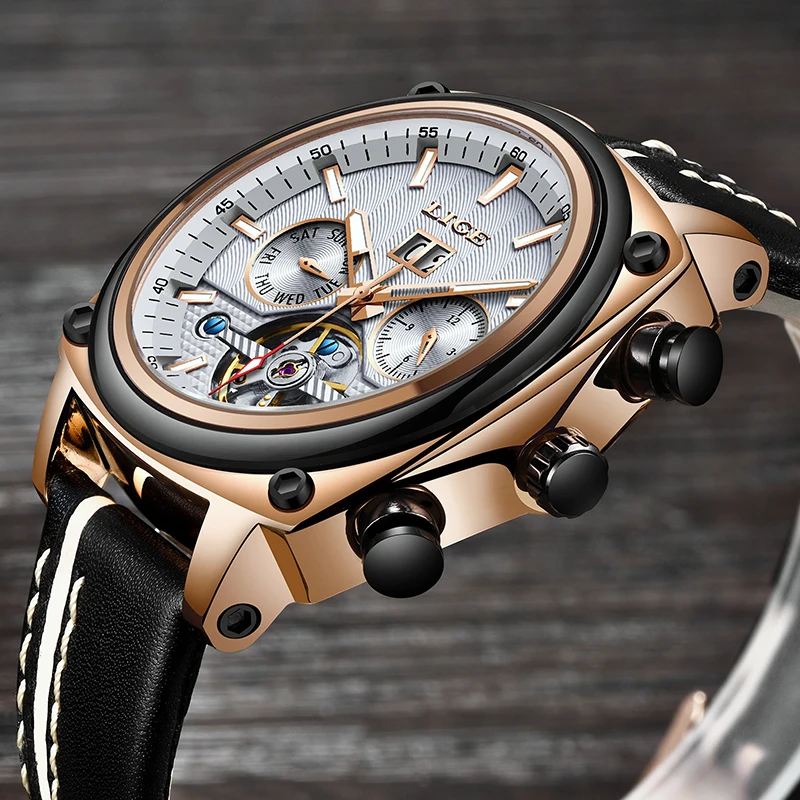 ييج الرجال الساعات الأصلي التلقائي الميكانيكية ووتش الذكور الأعمال ساعة جلد عارضة للماء ووتش الرجال Relogio Masculino
