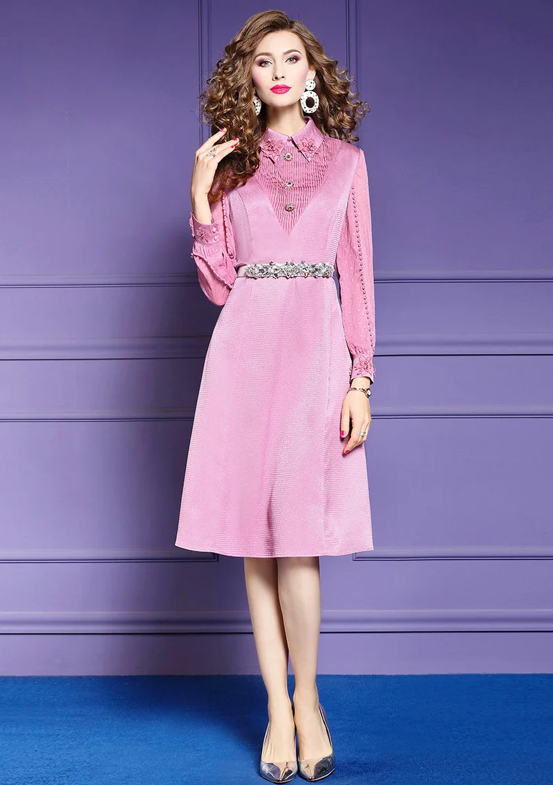 Весна Бисероплетение платья весна Новое превосходное качество женское винтажное розовое платье-рубашка плюс размер с длинным рукавом Вечерние платья 3