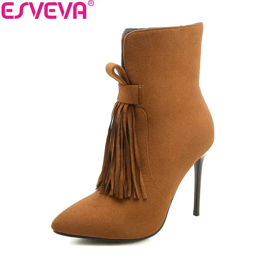 

ESVEVA 2020 Woman Shoes Fringe Zip Suede Short Plush Ankle Boots Thin High Heels Elegant Women Shoes Pointed Toe Big Size 34-43