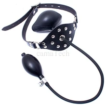 camaTech Leather Latex Inflatable Ball Gag Harness Oral Fixation Mouth Stuffed Mask Hood For Couples BDSM Restraints Bondage Toy