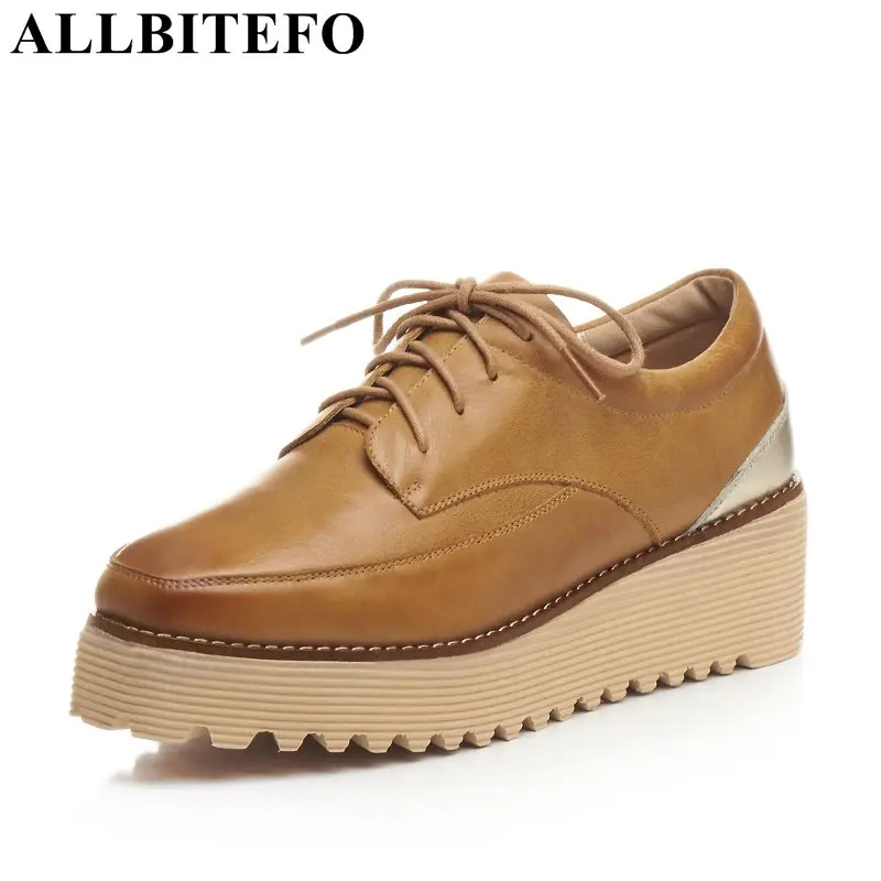 

ALLBITEFO fashion casual real genuine leather square toe wedges heel platform girls high heels high quality high heel shoes