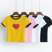 Летняя новая Корейская стильная женская цветная футболка в стиле пэчворк с круглым вырезом и короткими рукавами, футболка с надписью Love, милые футболки для студентов