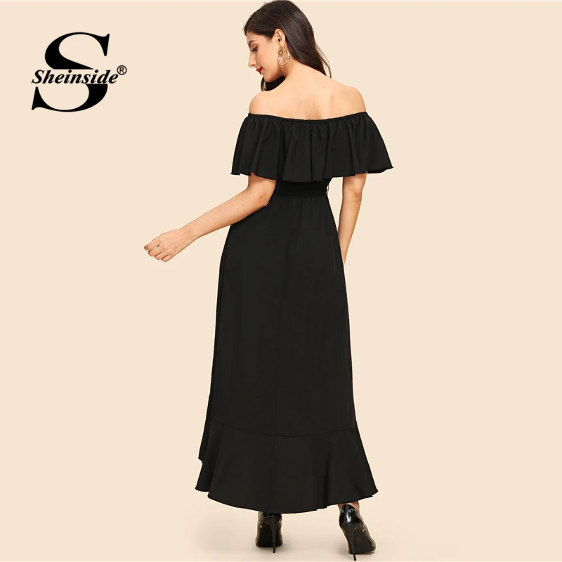 Sheinside черное платье трапециевидной формы с открытыми плечами женское весеннее Платье макси с рюшами на подоле женское однотонное платье с коротким рукавом и поясом