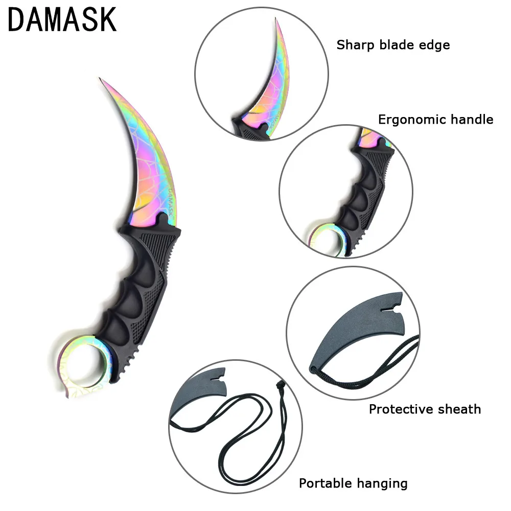 Damask Amazing Design Rainbow Blade Pocket Knife Karambit Outdoor Survival Knives Backpacking Fighting Tactical Portable Tools