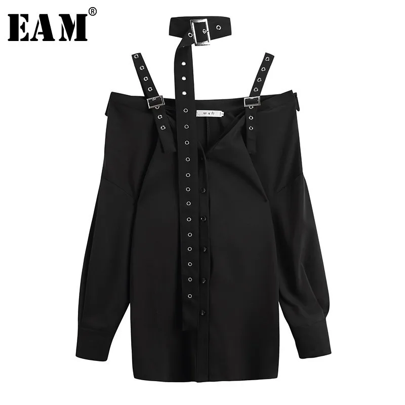 

[EAM] 2019 New Autumn Winter V-collar Long Sleeve Black Loose Bandage Fold Split Joint Shirt Women Blouse Fashion Tide JL743