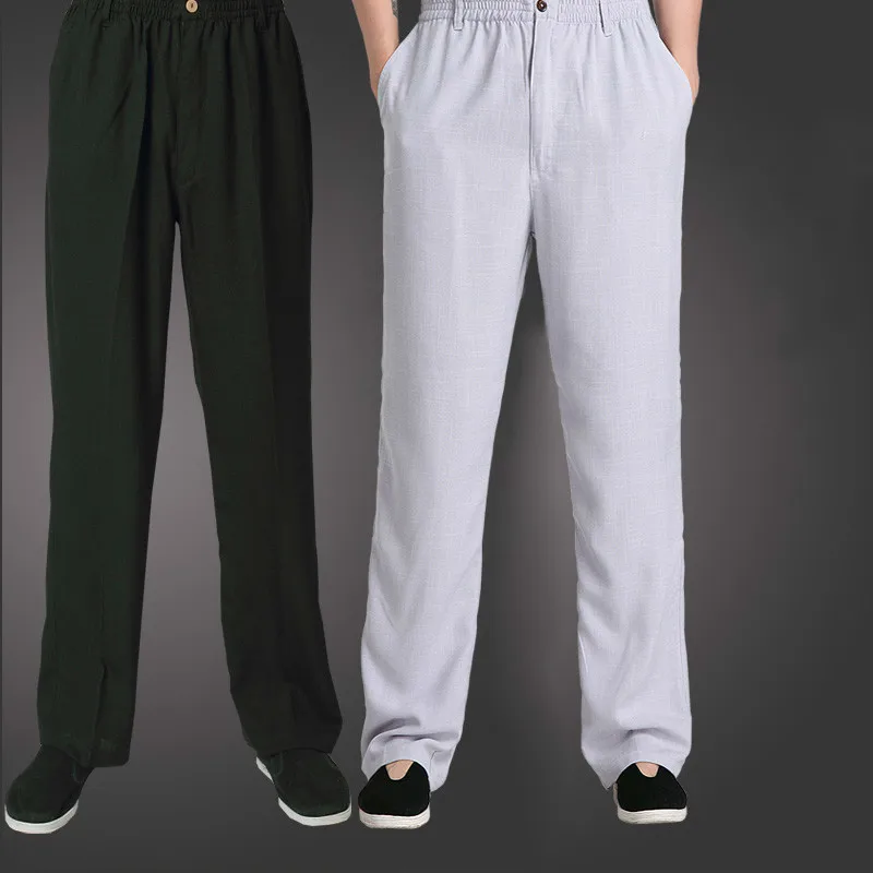 

New Mens Chinese Traditional Kung Fu Pants Elastic Waist Trousers White Black Blue Gray 6 Colors Tai Chi Kungfu Pants