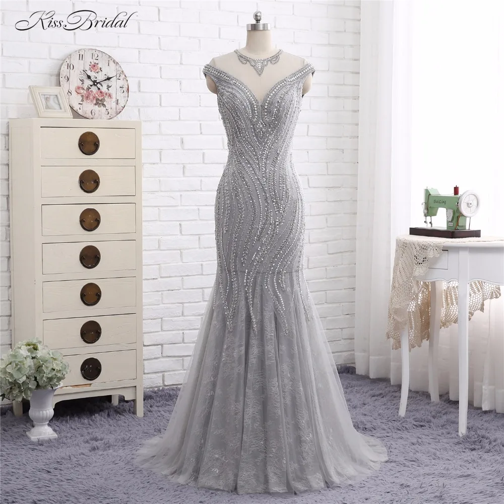 

Silver Formal Evening Dresses Long Abendkleider Mermaid Cap Sleeve Crystal Party Prom Gown Vestido de Festa Robe de Soiree 2017
