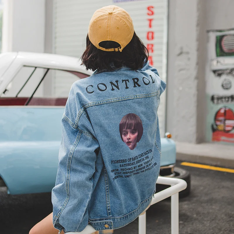 

Real shot flavor oversize Harajuku wind wash old loose jeans clothing printed denim jacket female spring 1853#