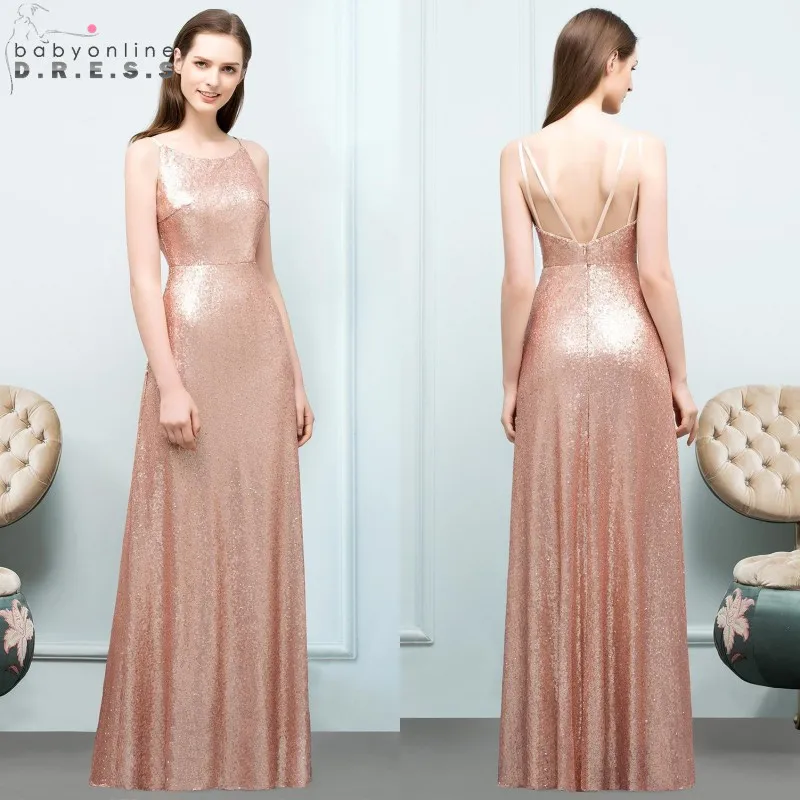 

Sexy Backless Sequin Long Evening Dress 2019 Rose Gold Spaghetti Straps Evening Gowns Reflective Dress Robe De Soiree