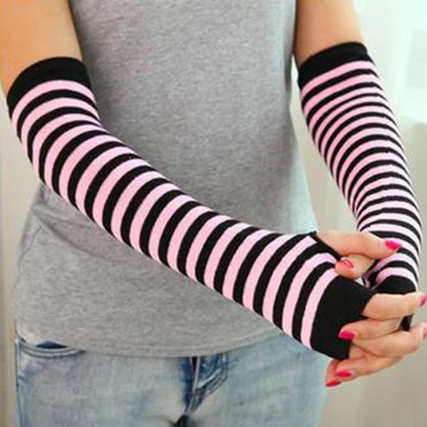 Новые женские эластичные мягкие вязаные гетры для запястья, полосатые перчатки без пальцев с длинным рукавом BB55 - Цвет: Розовый