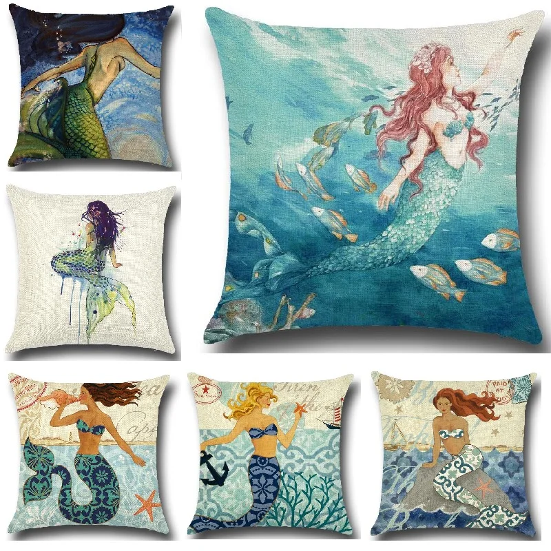 Cushion Cover Mermaid Pattern Linen Throw Pillow Cover Beautiful Home