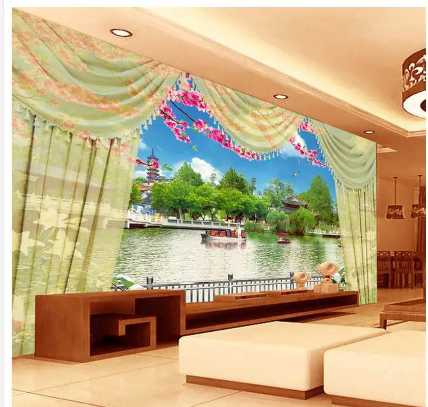

3d wallpaper for room Curtains Jiangnan landscape painting TV wall living style wallpaper Home Decoration