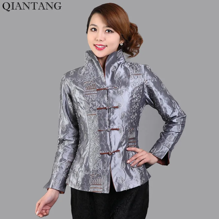 

Gray Traditional Chinese style Ladies Jacket Mujeres Chaqueta Women's Silk Satin Embroidery Coat Size S M L XL XXL XXXL Mny20-B
