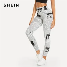 SHEIN Легинсы С Газетным Принтом, Стильные Спортивные Легинсы С Графическим Принтом
