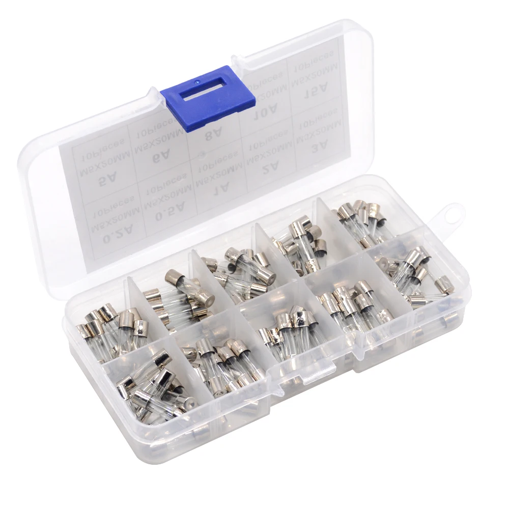 100Pcs 5*20 5x20 mm Auto Glass Tube Fuse Assorted Kit 0.2A 0.5A 1A 2A 3A 5A 6A 8A 10A 15A Car Fuses Kit Tube Fuses Glass Fuse Kit