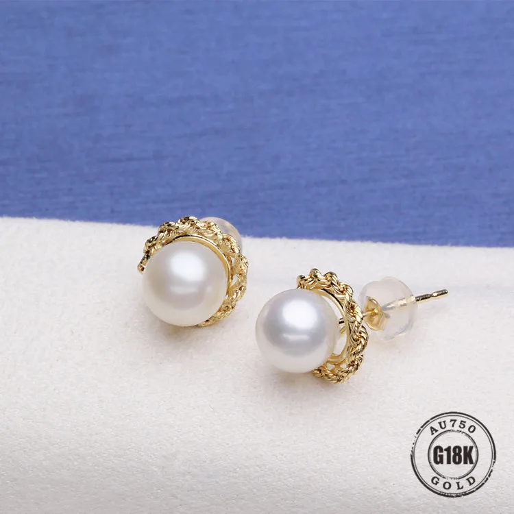 

Luxury genuine 18k gold jewelry for women top quality yellow gold earrings Fit Half Hole Pearl DIY Accessories