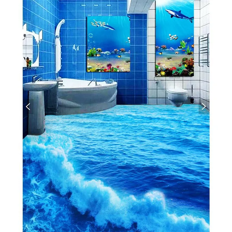 beibehang Floor painting HD blue sea choppy waves Waterproof Bathroom kitchen PVC Wall paper Self wall sticker Floor mural