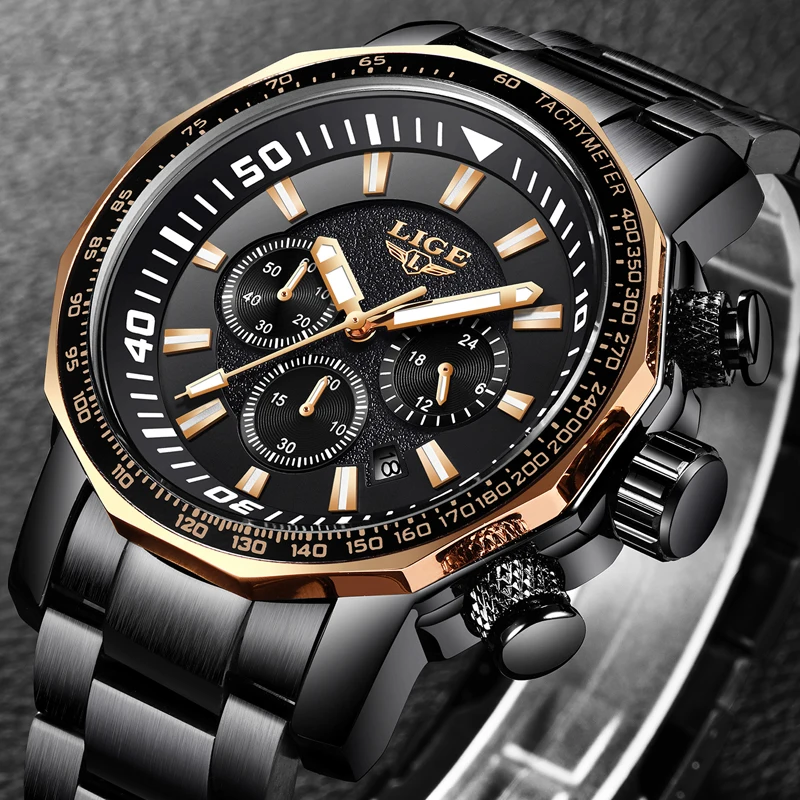 

LIGE Top Luxury Brand Men's Quartz Watches Business Big Dial Fashion Casual Waterproof Stainless Steel Black Watch Male Clock