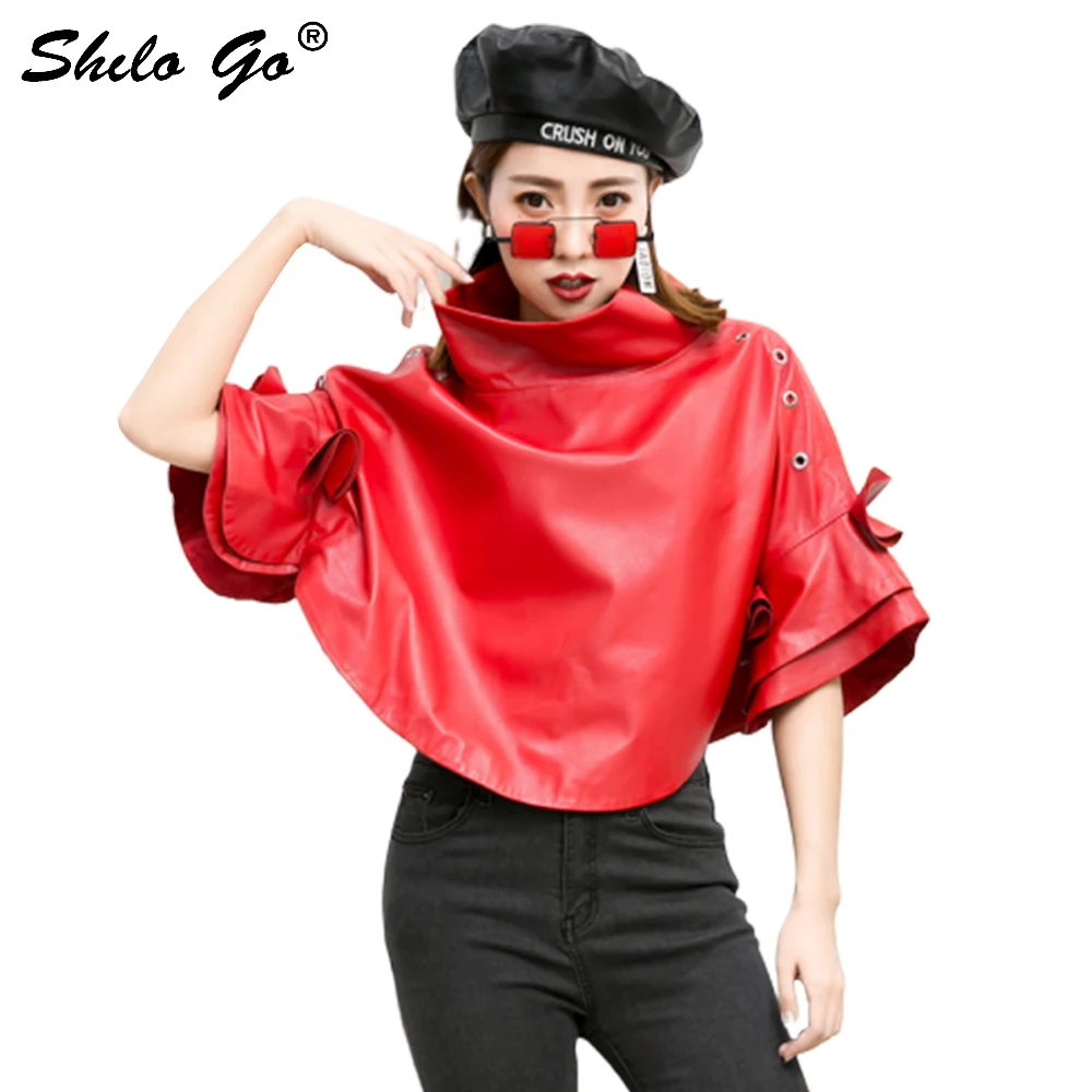 

Elegant Leather Capes Women Spring Floral Batwing Sleeve Sheepskin Genuine Leather Ponchos Loose Trutleneck Collar Female Tops