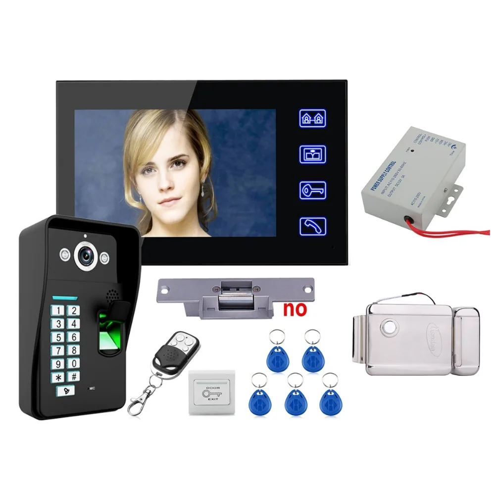 

Home Security 7" Lcd Fingerprint Recognition Video Door Phone Intercom System kit + Electric Strike Lock+Wireless Remote Control
