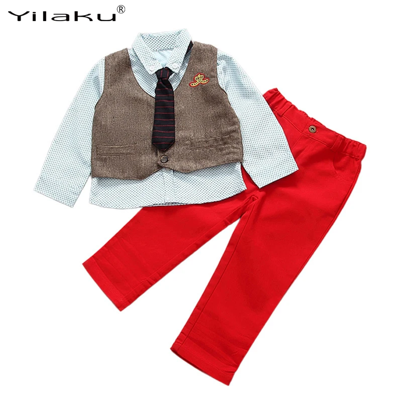 

Yilaku Gentalmen Boys Clothing Sets Kids Long Sleeve Polka Dot Shirt+Vest+Pants With Tie For Weeding Formal Clothing CF394