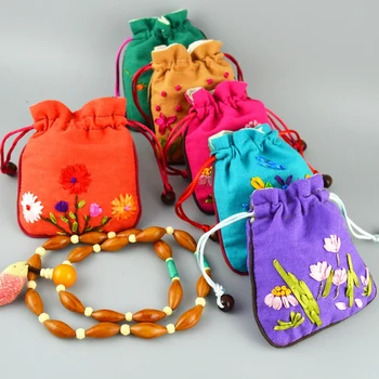 

Cotton linen pocket ribbon embroidery small bag necklace bracelet jewelry bag 3pc/lot