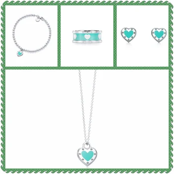 

SHINETUNG 1:1 S925 Sterling Silver Genuine TIFF Green Heart-Shaped Pendant Trendy Bracelet Women Romance High-End Jewelry Suit