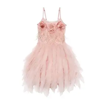 

Retail Girl Dress 2019 Summer New Flowers Feather Princess Dress For Party Wedding Children Clothing 2-8T E2501