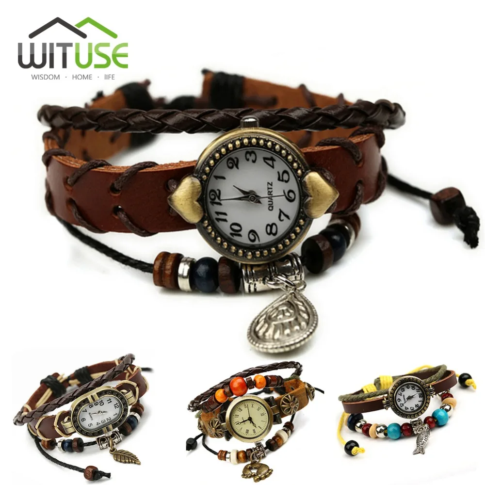 

Fashion Weaving Bracelet Watch Vintage Women quartz Wrist watch Butterfly/Dolphin Pendant Leather Strap Watch pulseira feminina