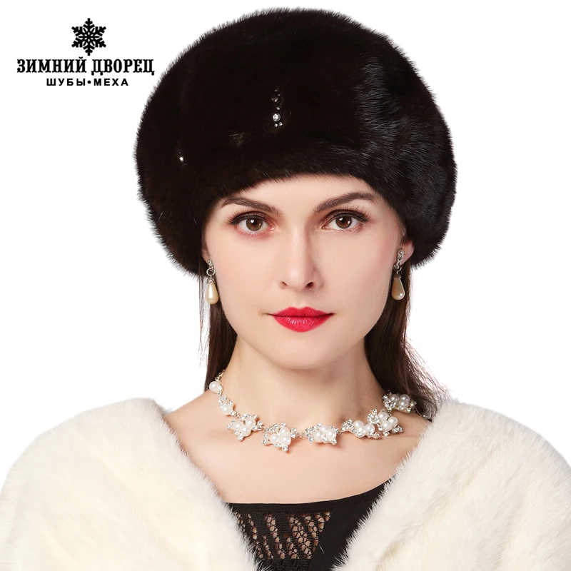 Реального норки меховые шапки для зимних женщин меховая шапка с бриллиантом новая мода octagon норки берет России хорошее качество элегантный шляпа