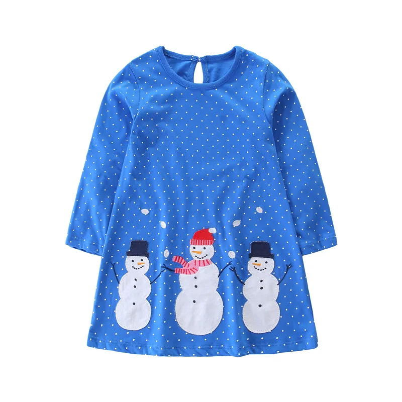 Платья для девочек с аппликацией в виде прыжков хлопковое платье принцессы с длинными рукавами для малышей детский костюм с животными милые вечерние платья для девочек - Цвет: T1102 Blue snowman