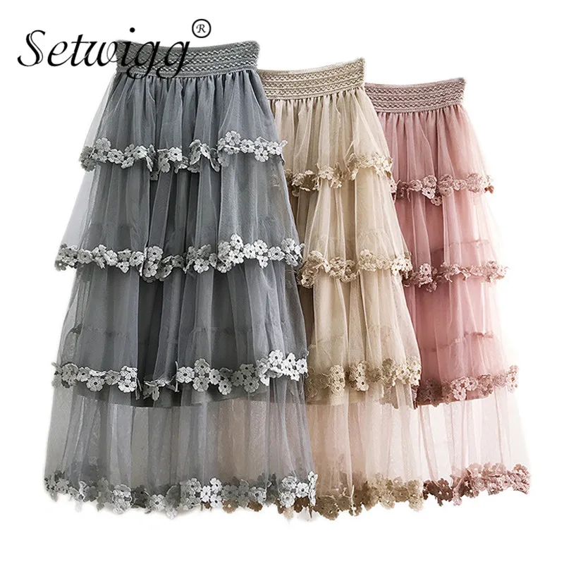 

Floral Lace Cakee Layered Ankle Length Long Gauze Skirts Korean Fashion High Waist Elegant Long Mesh Tiered Skirt Girl