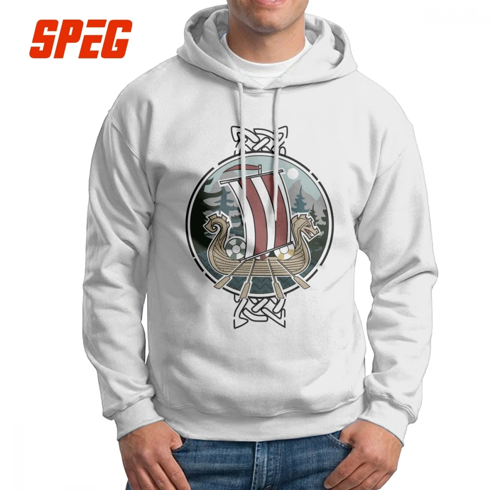 Man Hooded Sweatshirt Scenic Nordic Vikings Dragon Boat Pure Cotton