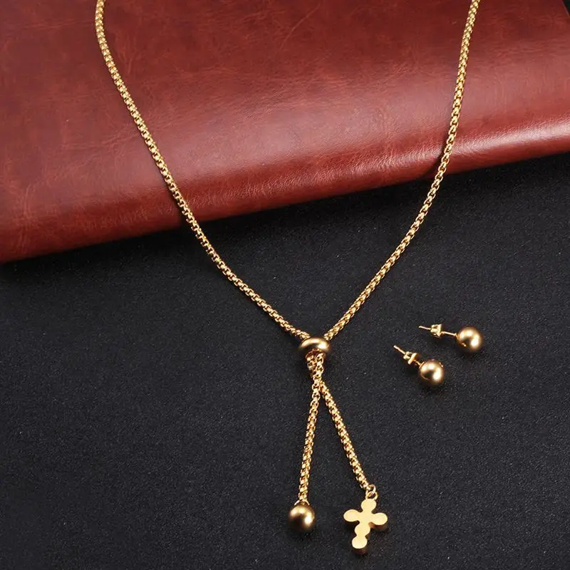 

24k Gold Plating Woman Jewelry Set Stainless Steel Love Heart Pendant Chain Necklace Key Stud Earring CZ Cross Female Jewelry